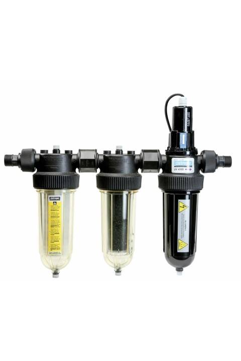 CINTROPUR FWUVTRIO41 ULTRALJUBIČASTI STERILIZATOR VODE UV 4100 3/4″ + 1″ STERILIZACIJA DEZINFEKCIJA LAMPOM OD 40W Sterilizator s 3u1 funkcije: filtracija vode s 25µ flisom (standard), tretman aktivnim ugljenom i UV sterilizacija Protok od maksimalno 2.6 m