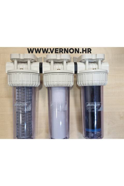 Euroacque trostupanjska filtracija za obradu kišnice 10 inča 1” priključak GOODRAIN TRIPLEX 60 MIKRONMA  NAJLON ,10 MIKRONA MIKROFIBRA I AKTIVNI UGLJEN